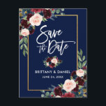 Penselskript Burgundy Blue-Blommigt Spara datum Meddelande Vykort<br><div class="desc">Modern penselskript,  Watercolor Burgundy Marsala Blue-Blommigt,  Save Date Förlovning Guld Ram Postcard</div>