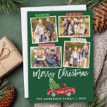 Penselskript Craft Tape Julrött Lastbil Julkort<br><div class="desc">Modern Penselskript God jul 4 Photo Collage Helgdag Card innehåller Craft Tape and Watercolor Vintage Red Lastbil med Julgran. Skogens Grönt - bakgrund.</div>