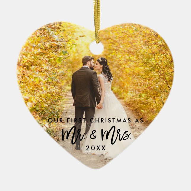 Penselskript Första jul, mr. & Mrs Photo Julgransprydnad Keramik (Framsidan)