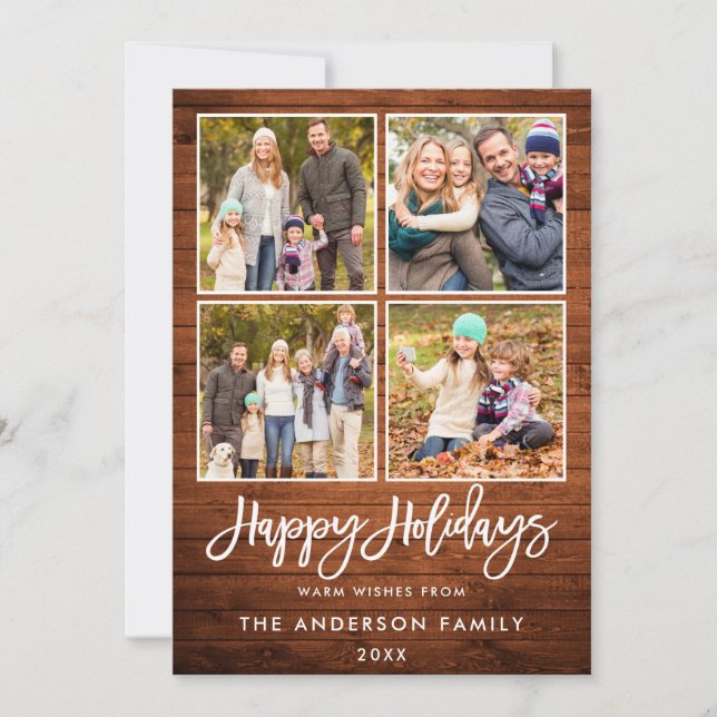 Penselskript Glad helg Rustic Wood 4 Photo Julkort (Framsida)
