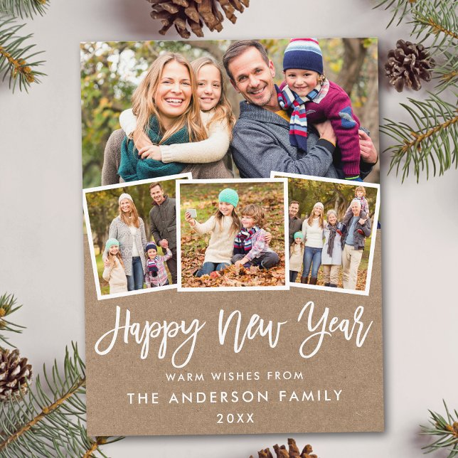 Penselskript Gott nytt år 4 Photo Kraft Vykort (Customize to change your personalized text size or text style.)