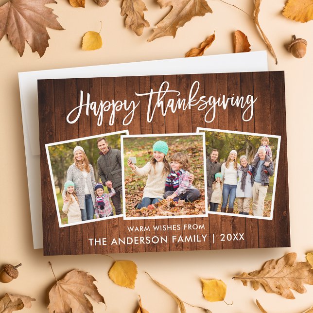 Penselskript Happy thanksgiving Wood 3-foto Julkort (Customize to add text or more photos to back of card.)