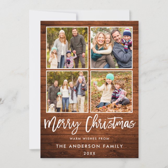 Penselskript Jul Rustic Wood 4 Photo Julkort (Framsida)