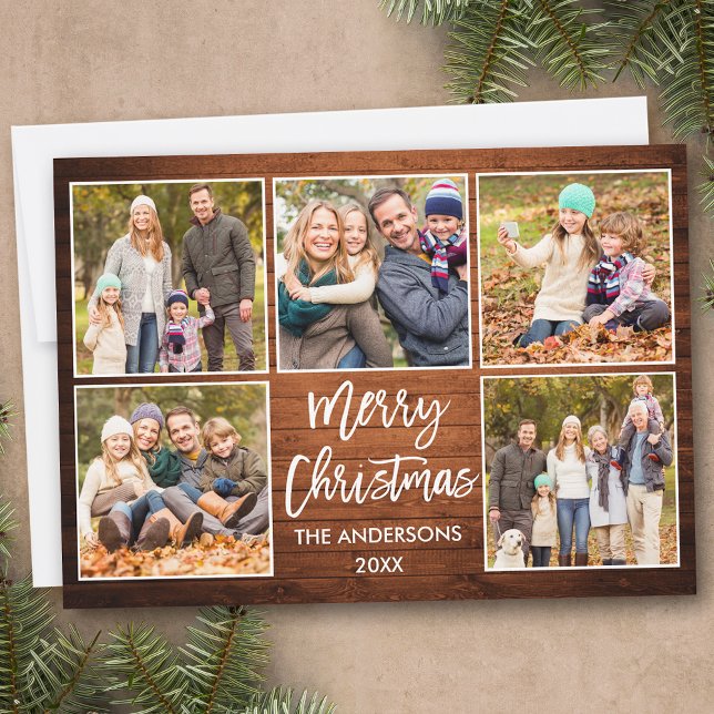 Penselskript Jul Rustic Wood 5 Photo Julkort (Customize to add text to back of card.)
