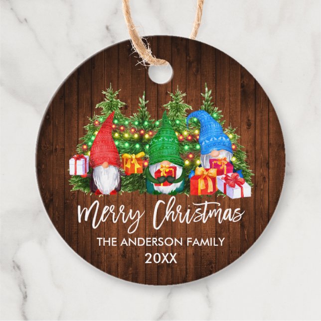 Penselskript jul Wood Ljus Gnomes Gåvor Etiketter (Framsida)