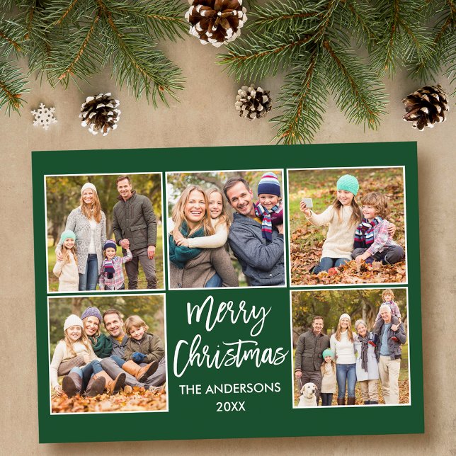 Penselskript, julfamilj 5 Photo Grönt Vykort (Customize to change your personalized text size or text style.)