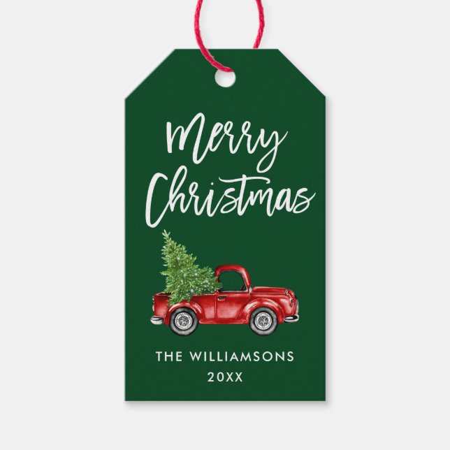 Penselskript, Julpens Vintage Lastbil Grönt Presentetikett (Framsidan)