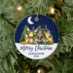 Penselskript Julskog Djur blå Julgransprydnad Keramik
