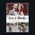 Penselskript Kärlek & tack Bröllop Collage Meddelande Vykort<br><div class="desc">Säg tack till din gäst i bröllop med det här vackra tackkortet där du kan lägga till tre vackra foton från bröllop. Kärlek och tack är skrivna i ett penselskript. Lägg till namn och,  på baksidan,  ett personligt meddelande till din gäst.</div>