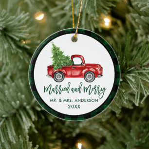Penselskript Lastbil Grönt Play Married Merry Julgransprydnad Keramik
