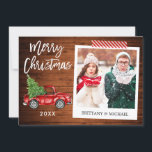 Penselskript Lastbil - snabbfotocrawlningsbandträ Julkort<br><div class="desc">Modern penselskrift,  Watercolor Vintage Red Lastbil med Julgran,  Stil fotokort för omedelbar kamera - God jul - Rustic Wood och Red Stripe Craft Tape Tape</div>