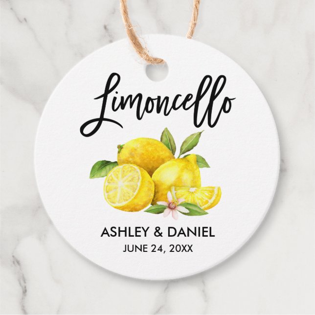 Penselskript Lemons Bröllop Limoncello Round Kraft Gåvor Etiketter (Framsida)