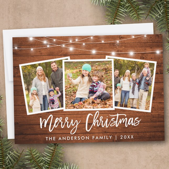 Penselskript Ljus Rustic Wood 3 Photo Jul Julkort (Customize to add text to back of card.)