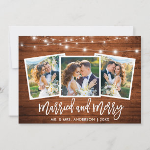 Penselskript Ljus Wood 3 Photo Married and Merry Julkort