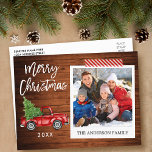 Penselskript, ögonblickligt fotojulband Lastbil Vykort<br><div class="desc">Modern penselskrift,  Watercolor Vintage Red Lastbil med Julgran,  Stil fotokort för omedelbar kamera-God jul - Rustic Wood och Red Stripe Craft Tape Tape</div>