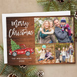 Penselskript Red Lastbil 3 Photo jul Wood Julkort<br><div class="desc">Modern Penselskript Watercolor Vintage Red Lastbil med Julgran - God jul Family 3-fotokort - Rustic Land Wood</div>