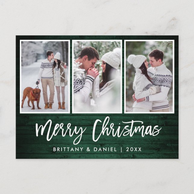 Penselskript Rustic Grönt Wood jul 3-foto Vykort (Framsida)
