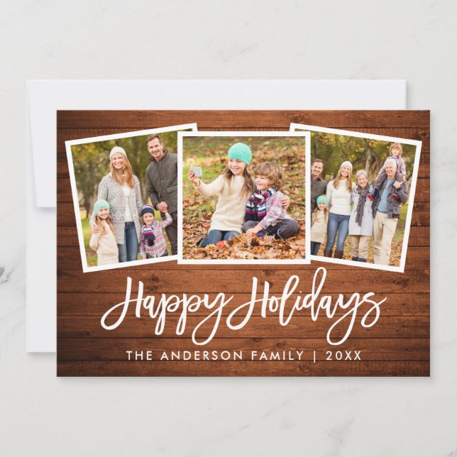 Penselskript Rustic Wood 3 Photo Family Julkort (Framsida)