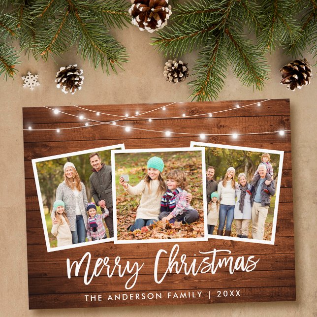 Penselskript Rustic Wood Ljus 3 Photo Jul Vykort (Customize to change your personalized text size or text style.)
