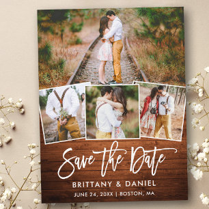 Penselskript Rustic Wood Save Date 4 Photo Vykort