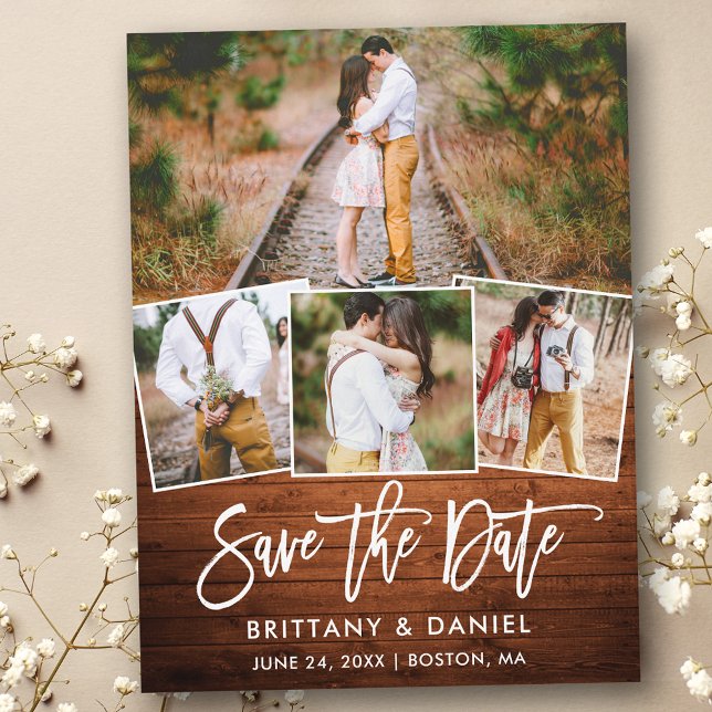 Penselskript Rustic Wood Save Date 4 Photo Vykort (Customize to change your personalized text size or text style.)