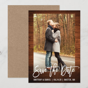 Penselskript Rustic Wood Save Date Kraft Card Inbjudningar