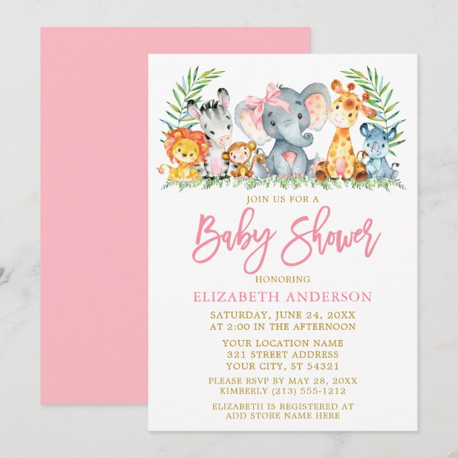 Penselskript Safari Animals Rosa Bow Baby Shower Inbjudningar (Fram/baksida)