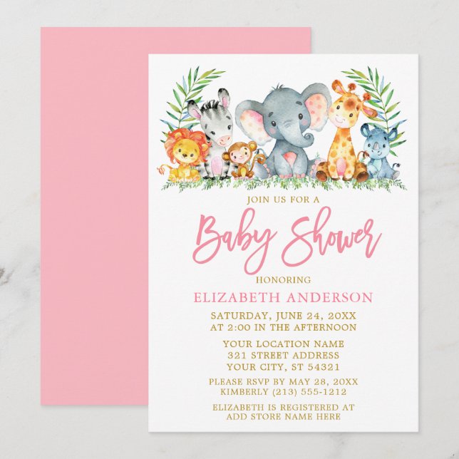 Penselskript Safari Animals Rosa Guld Baby Shower Inbjudningar (Fram/baksida)
