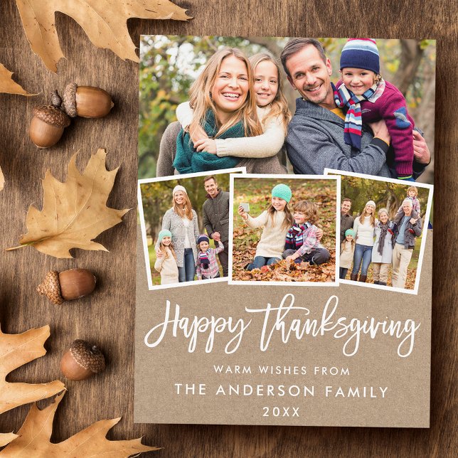 Penselskript Thanksgiving 4 Foto Kraft Vykort (Customize to change your personalized text size or text style.)