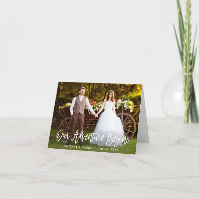 Penselskript vår Äventyr börjar Bröllop Tack Kort (Framsida)