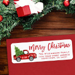 Penselskript, Vintage, Julrött Lastbil Returadress Etikett<br><div class="desc">Penselskript,  vattenfärgsfärgsetikett Vintage Red Lastbil med Julgran - God jul-familjens adressetikett</div>