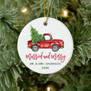 Penselskript Vintage Red Lastbil Married Merry Julgransprydnad Keramik