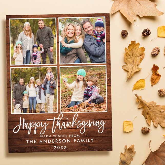 Penselskript Wood Family 4 Photo Thanksgiving Vykort (Customize to change your personalized text size or text style.)