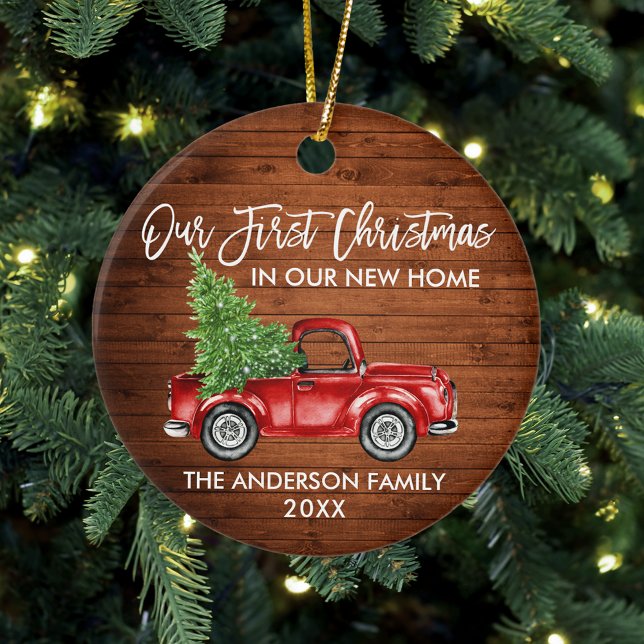 Penselskript Wood Första jul - nytt hem Lastbil Julgransprydnad Keramik (Customize your personalized text size or color on front and back.)