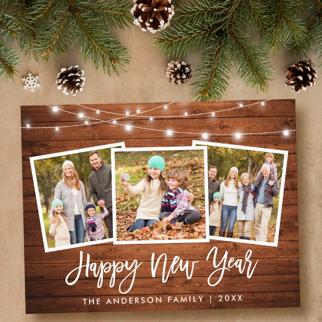 Penselskript Wood Ljus 3 Photo Gott nytt år Vykort (Customize to change your personalized text size or text style.)