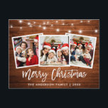Penselskript Wood Ljus 3 Photo jul Star Vykort<br><div class="desc">Rustic Wood Push Script 3 Photo Family God jul-kort med String Ljus</div>