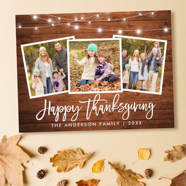 Penselskript Wood Ljus 3 Photo Thanksgiving Vykort (Customize to change your personalized text size or text style.)
