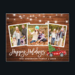 Penselskript Wood Ljus Lastbil 3 Photo Helgdag Vykort<br><div class="desc">Rustic Wood Push Script 3-fotofamiljkort för Glad helg med String Ljus - Watercolor Vintage Red Lastbil med Julgran</div>