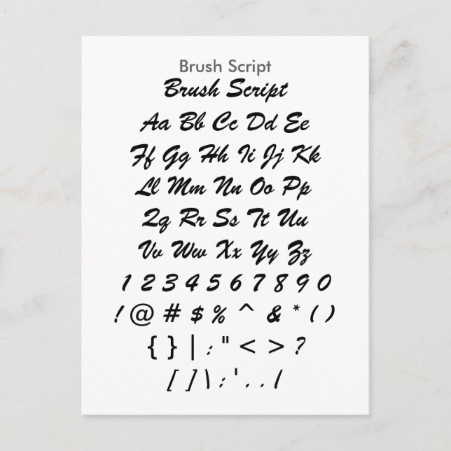 Penselskript - Zazzle Font Sampler Lakan Vykort (Framsida)