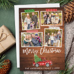 Penselskriptcrawlning Tape Wood Jul Lastbil Julkort<br><div class="desc">Modern Penselskript God jul 4 Photo Collage Helgdag Card innehåller Craft Tape and Watercolor Vintage Red Lastbil med Julgran. Rustic Land Wood.</div>