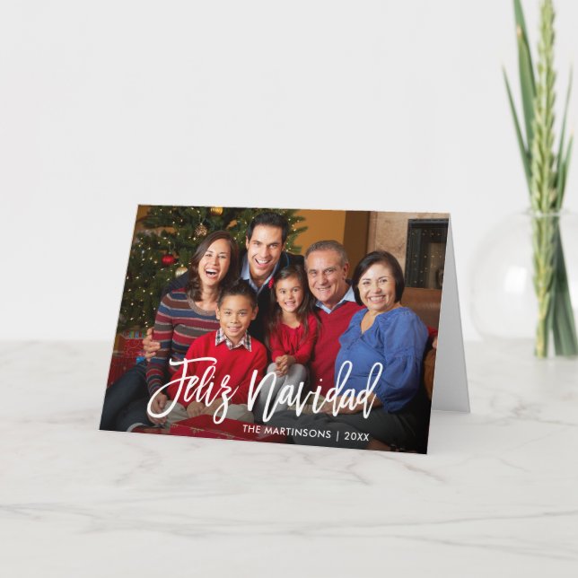 Penselskriptet Feliz Navidad Family Foto fold Helgkort (Framsida)
