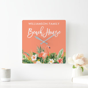 Penselskriptet Tropical Coral Blommigt Beach House Fyrkantig Klocka