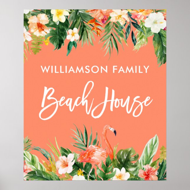 Penselskriptet Tropical Coral Blommigt Beach House Poster (Framsidan)