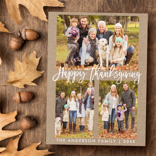 Penselskriptfamilj 3 Photo Kraft-Thanksgiving Vykort (Customize to change your personalized text size or text style.)