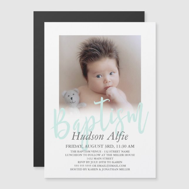 Penselskriptfotografi av Mint Grönt Magnetisk Inbjudningskort (Fram/baksida)
