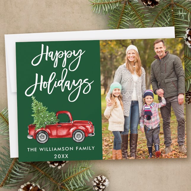 PenselskriptHelgdagar Vintage Lastbil Photo Grönt Julkort (Customize to add text to back of card.)