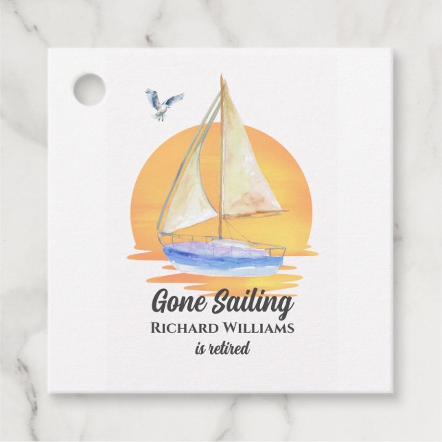 Pension Borta segelbåt, solnedgång, vattenfärg Gåvor Etiketter (Framsida)