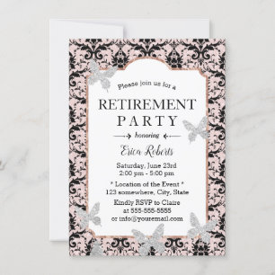 Pension Damask Rosa Glitter Butterfly Inbjudningar