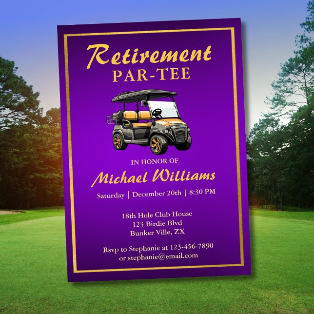 Pension Elegant Golf Tema Kärra Lila Guld Inbjudningar (Skapare uppladdad)