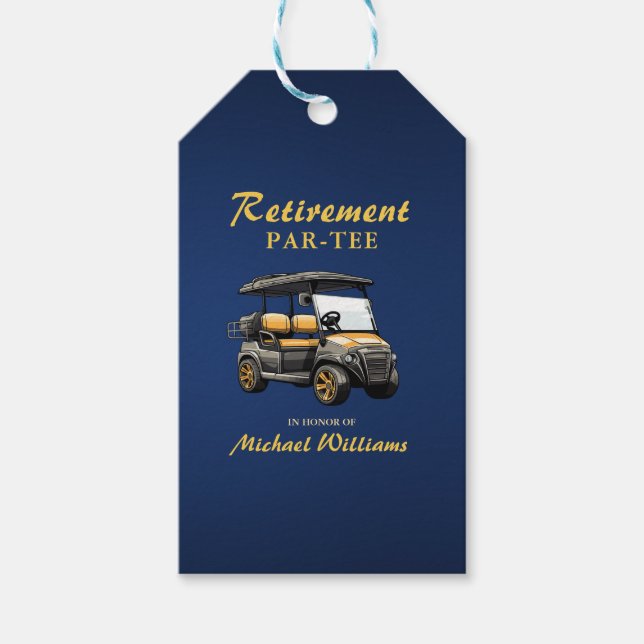 Pension Elegant Golf Theme Cart Blue Guld Presentetikett (Framsidan)